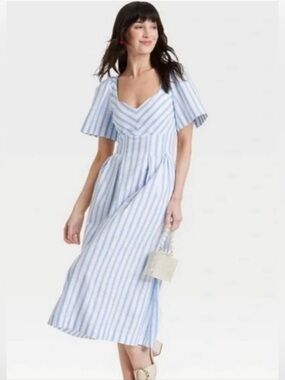 a new day Light Blue & White Striped V-Neck Midi Dress